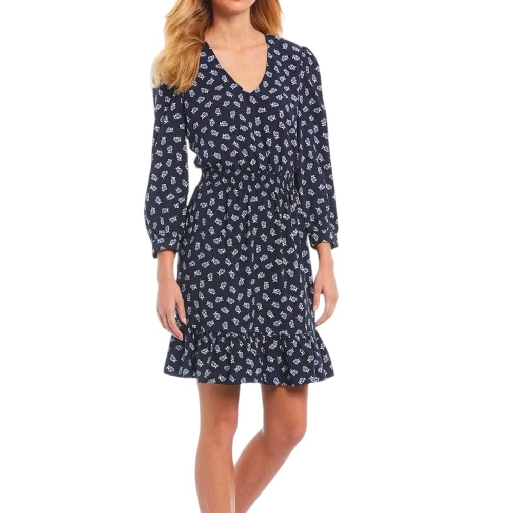 Draper James Blue & White Floral Printed Ruffle Smocked Peasant Dress - S